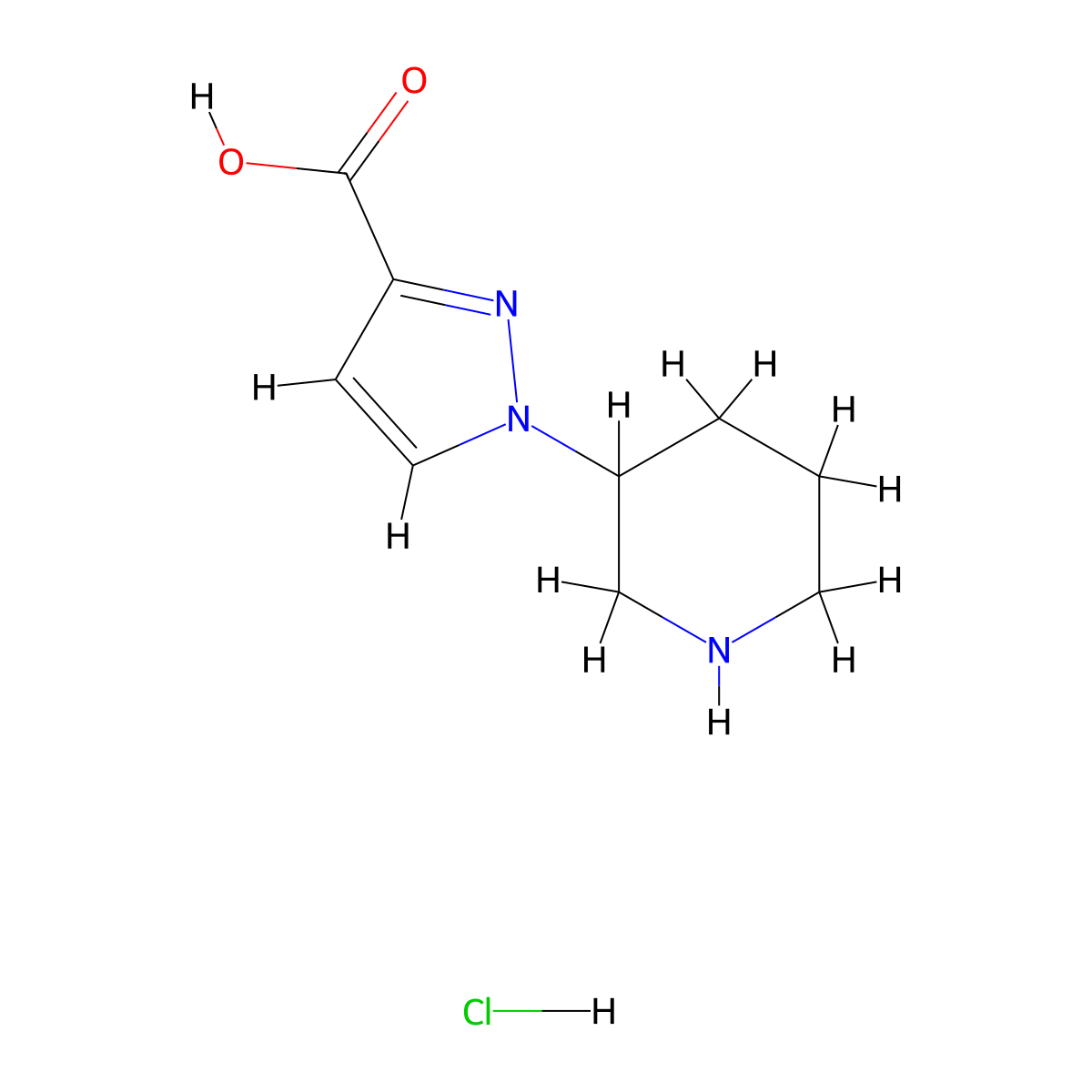 1-(piperidin-3-yl)-1H-pyrazole-3-carboxylic acid hydrochloride molecular structure, CAS 1955556-64-5