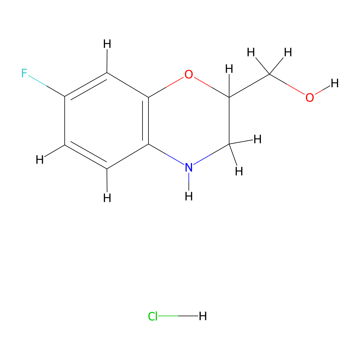 (7-fluoro-3,4-dihydro-2H-1,4-benzoxazin-2-yl)methanol hydrochloride molecular structure, CAS 1955556-82-7