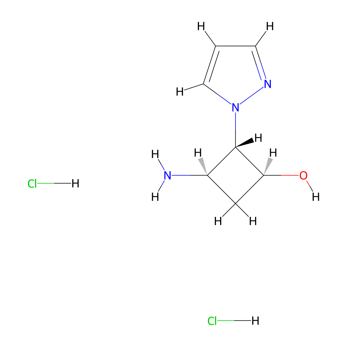rac-(1R,2R,3S)-3-amino-2-(1H-pyrazol-1-yl)cyclobutan-1-ol dihydrochloride molecular structure, CAS 1955557-43-3