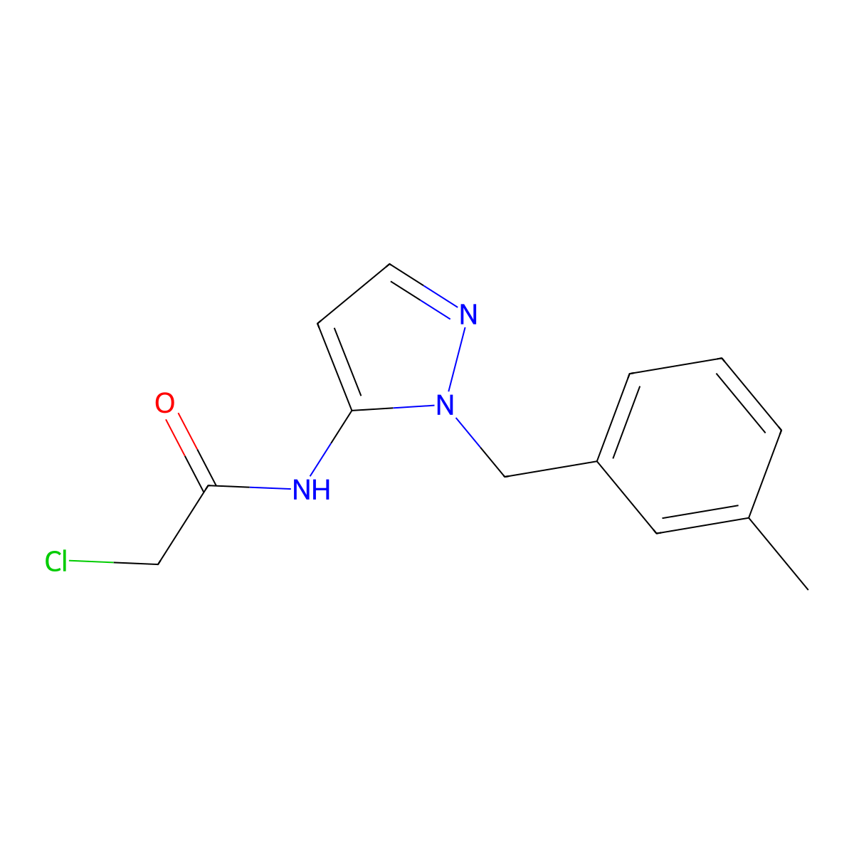 2-chloro-N-(2-((3-methylphenyl)methyl)-2,3-dihydro-1H-pyrazol-3-ylidene)acetamide molecular structure, CAS 1955564-18-7