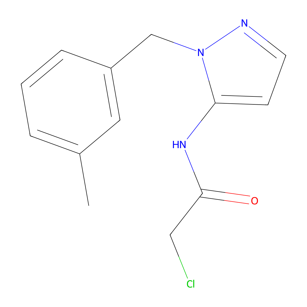 2-chloro-N-(2-((3-methylphenyl)methyl)-2,3-dihydro-1H-pyrazol-3-ylidene)acetamide molecular structure, CAS 1955564-18-7