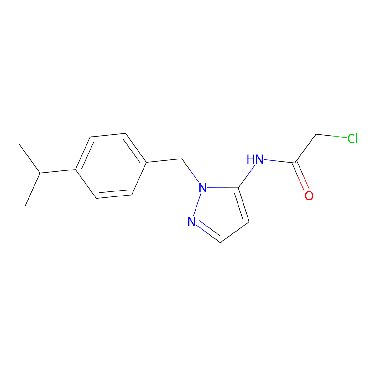 2-chloro-N-(2-{[4-(propan-2-yl)phenyl]methyl}-2,3-dihydro-1H-pyrazol-3-ylidene)acetamide molecular structure, CAS 1955564-27-8