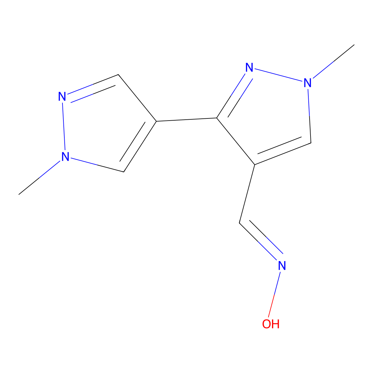 N-{[1-methyl-3-(1-methyl-1H-pyrazol-4-yl)-1H-pyrazol-4-yl]methylidene}hydroxylamine molecular structure, CAS 1955564-47-2