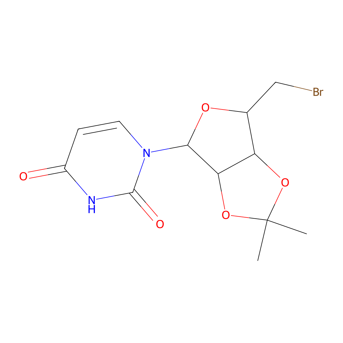 1-((3aR,4R,6S,6aS)-6-(bromomethyl)-2,2-dimethyl-tetrahydro-2H-furo(3,4-d)(1,3)dioxol-4-yl)-1,2,3,4-tetrahydropyrimidine-2,4-dione molecular structure, CAS 19556-52-6