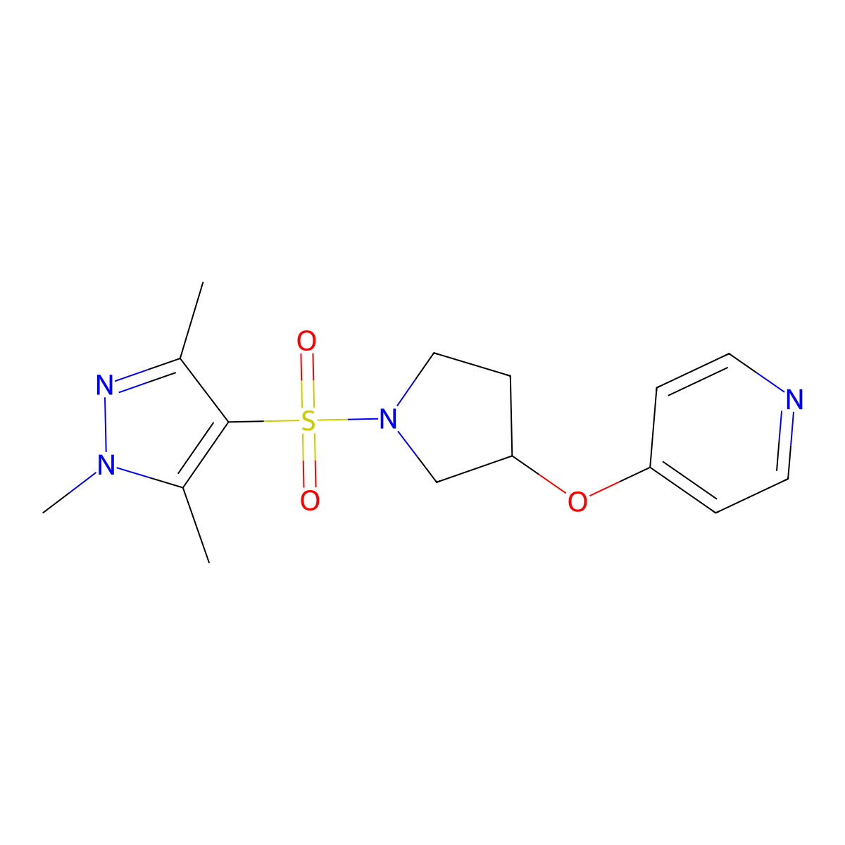 4-({1-[(1,3,5-trimethyl-1H-pyrazol-4-yl)sulfonyl]pyrrolidin-3-yl}oxy)pyridine molecular structure, CAS 1955773-17-7