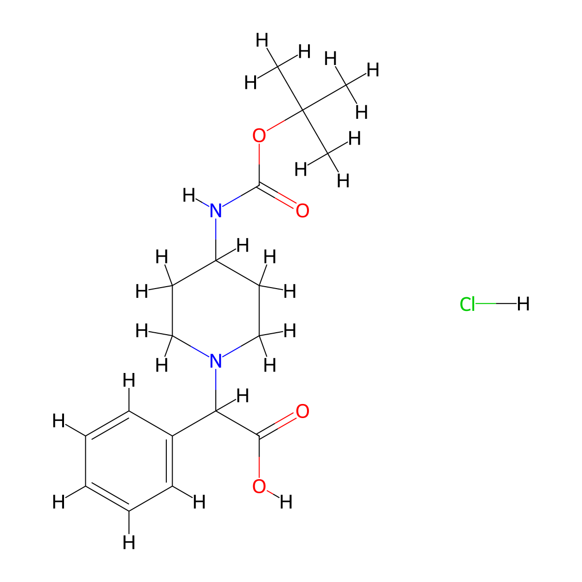 2-(4-((tert-Butoxycarbonyl)amino)piperidin-1-yl)-2-phenylacetic acid hydrochloride molecular structure, CAS 1956306-25-4