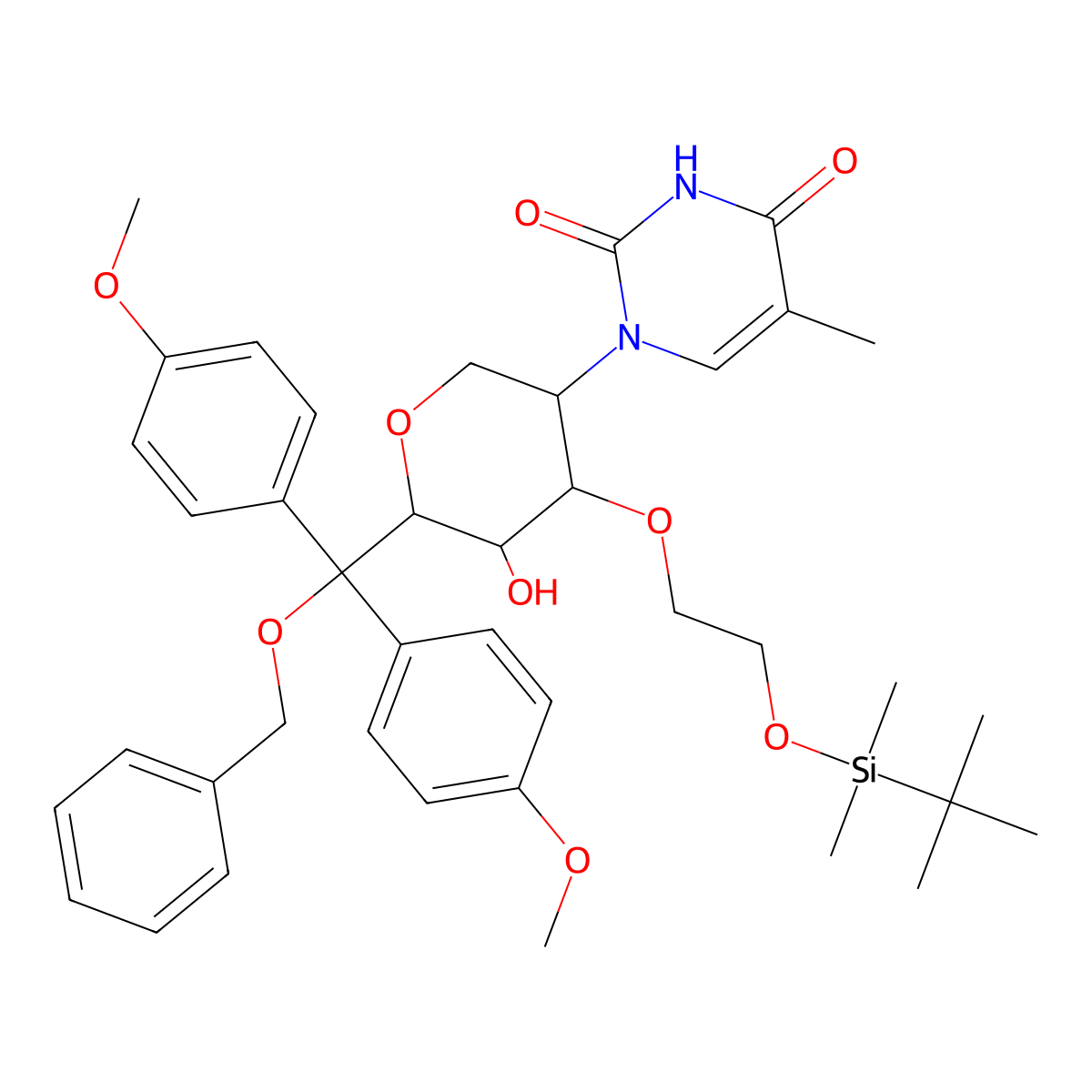 1-(6-((Benzyloxy)bis(4-methoxyphenyl)methyl)-4-(2-((tert-butyldimethylsilyl)oxy)ethoxy)-5-hydroxytetrahydro-2H-pyran-3-yl)-5-methylpyrimidine-2,4(1H,3H)-dione molecular structure, CAS 1956306-32-3