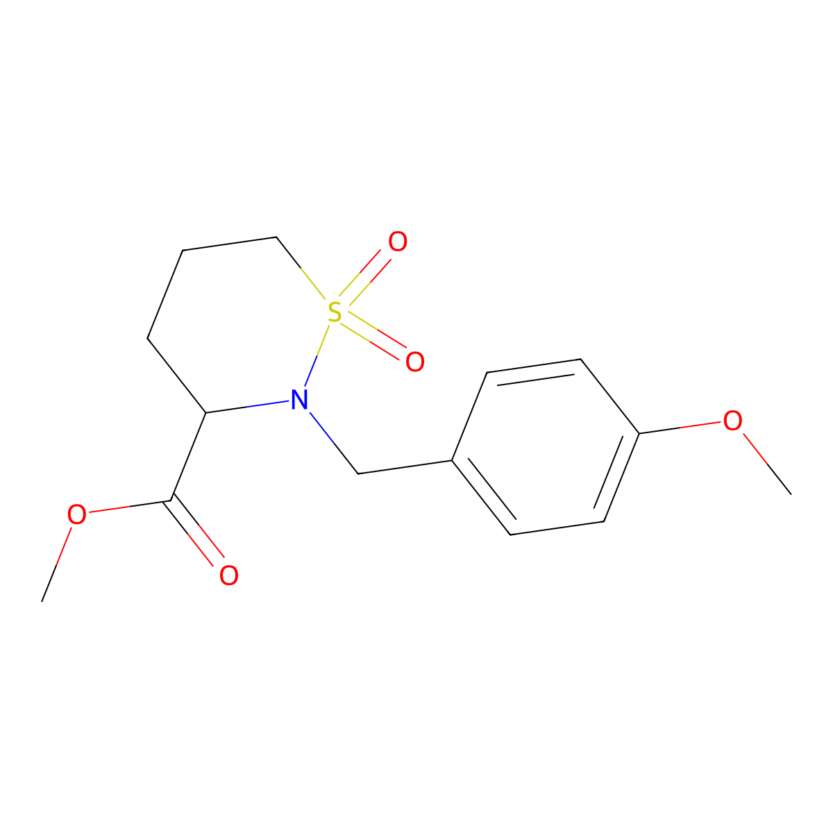 Methyl 2-(4-methoxybenzyl)-1,2-thiazinane-3-carboxylate 1,1-dioxide molecular structure, CAS 1956306-61-8