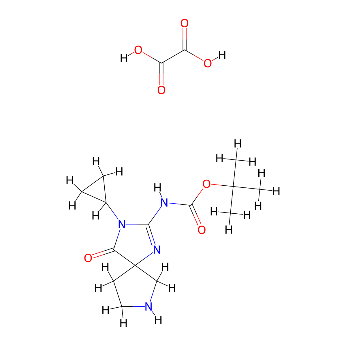 tert-Butyl (3-cyclopropyl-4-oxo-1,3,7-triazaspiro[4.4]non-1-en-2-yl)carbamate oxalate molecular structure, CAS 1956311-16-2