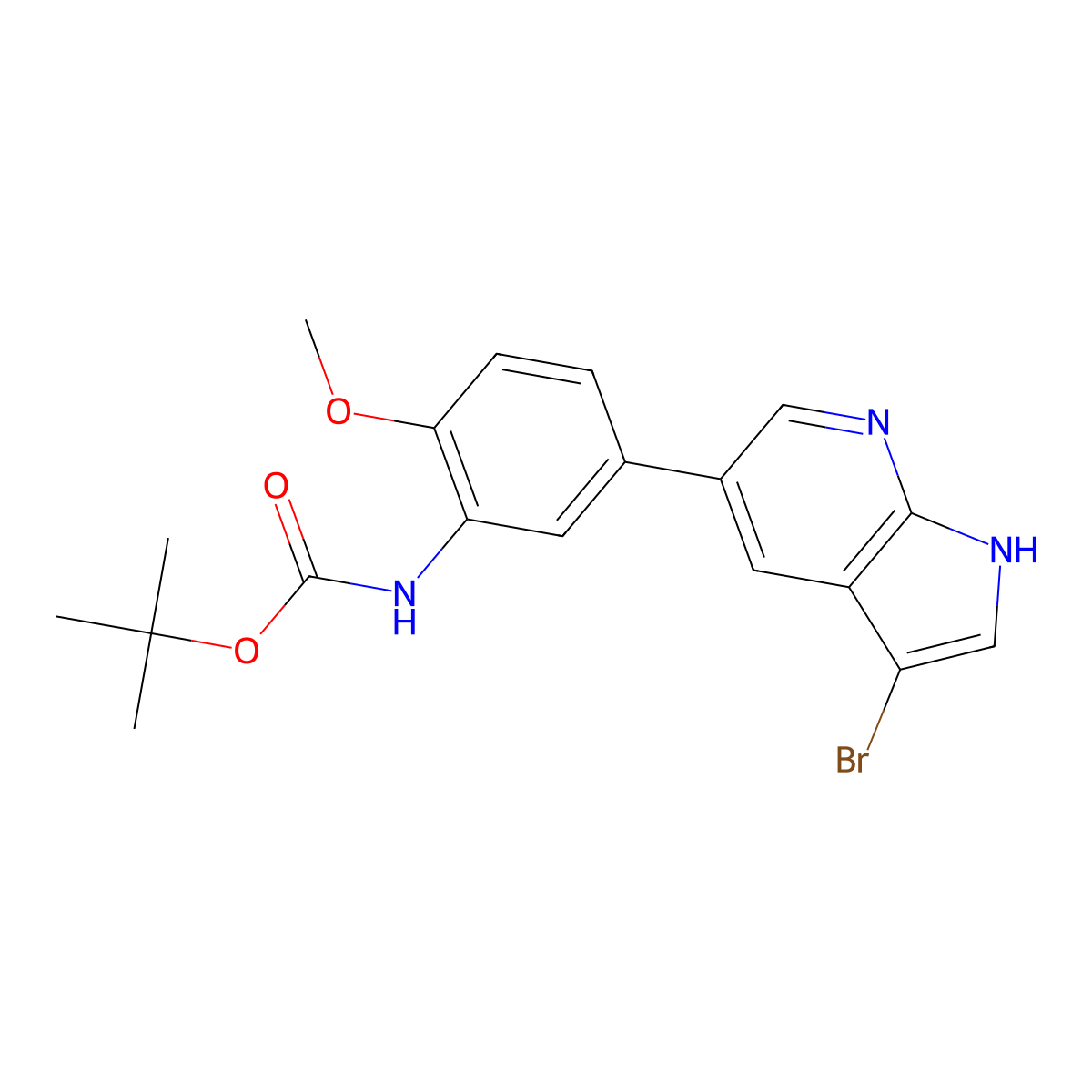 tert-Butyl (5-(3-bromo-1H-pyrrolo[2,3-b]pyridin-5-yl)-2-methoxyphenyl)carbamate molecular structure, CAS 1956311-19-5