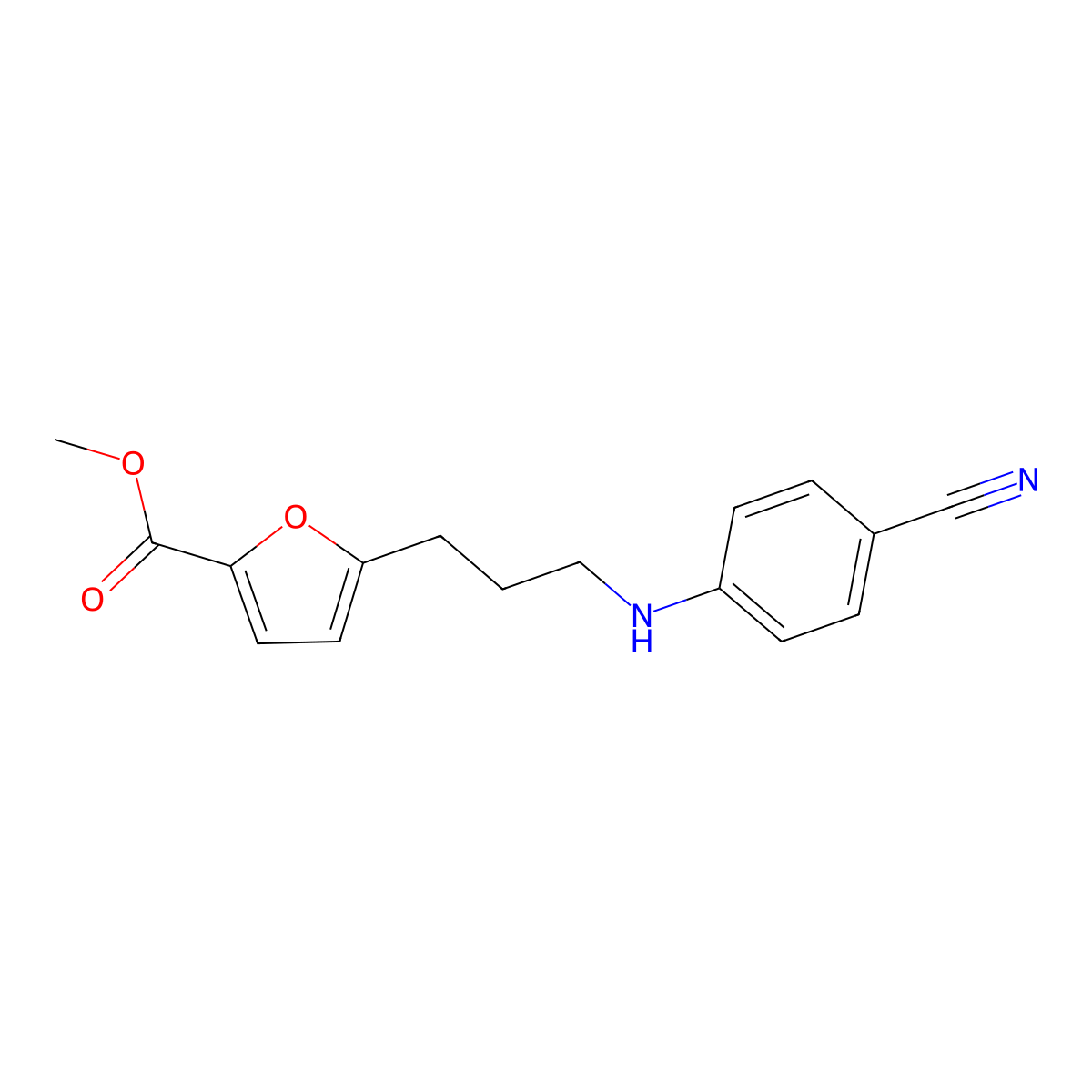 Methyl 5-(3-((4-cyanophenyl)amino)propyl)furan-2-carboxylate molecular structure, CAS 1956322-21-6