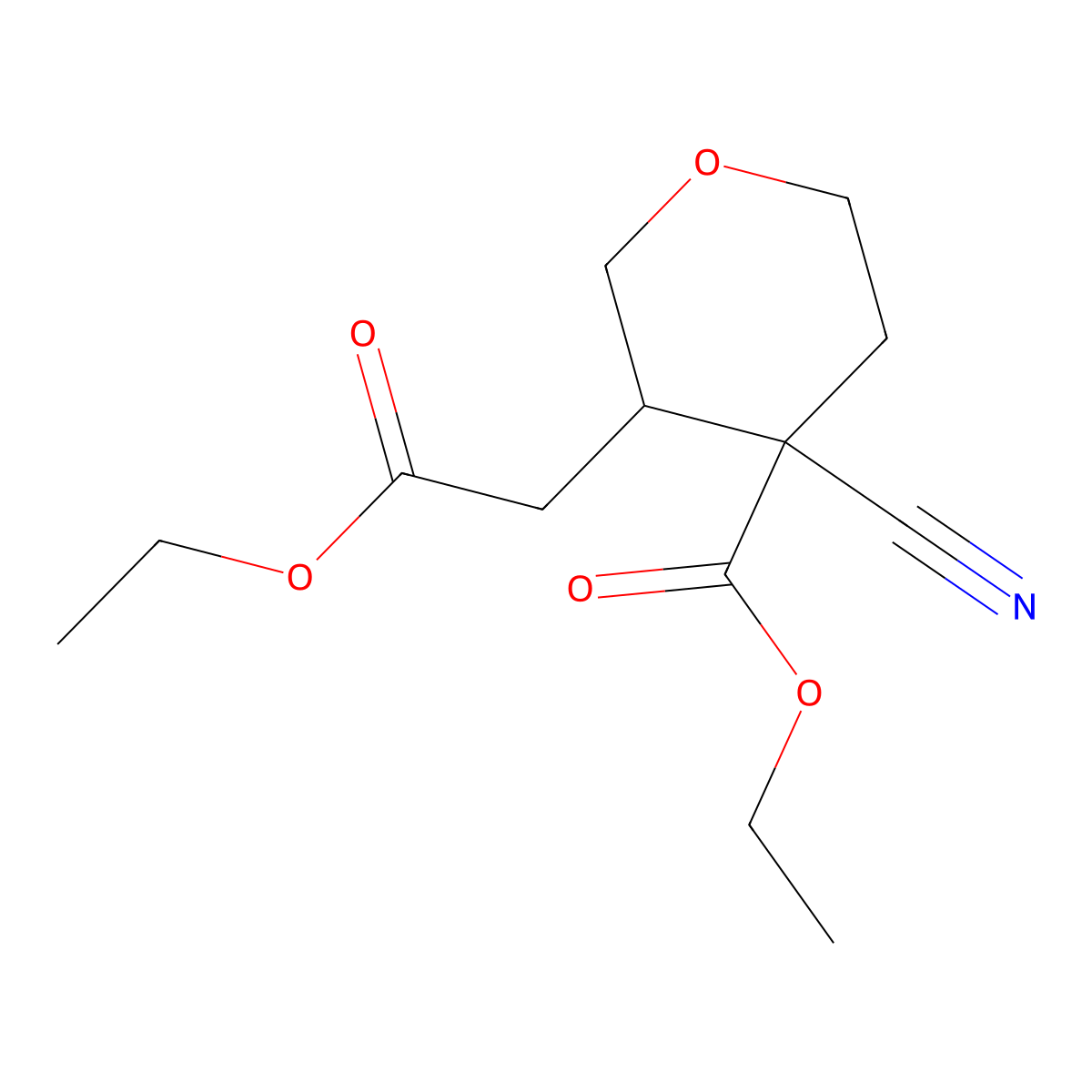 Ethyl 4-cyano-3-(2-ethoxy-2-oxoethyl)tetrahydro-2H-pyran-4-carboxylate molecular structure, CAS 1956322-77-2