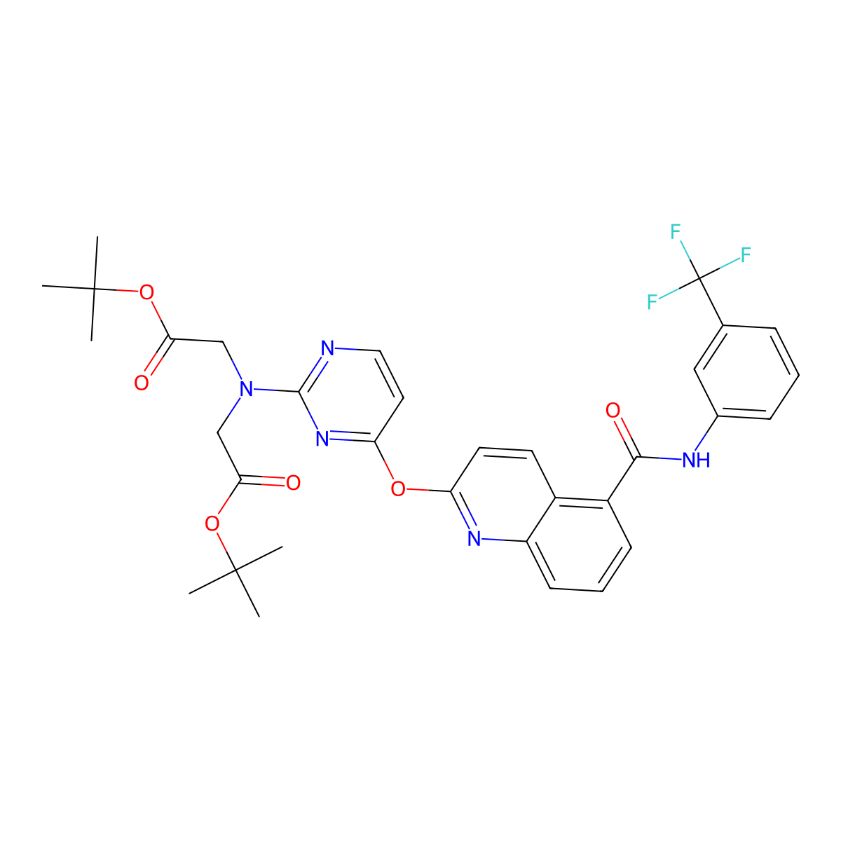 Di-tert-butyl 2,2'-((4-((5-((3-(trifluoromethyl)phenyl)carbamoyl)quinolin-2-yl)oxy)pyrimidin-2-yl)azanediyl)diacetate molecular structure, CAS 1956327-19-7