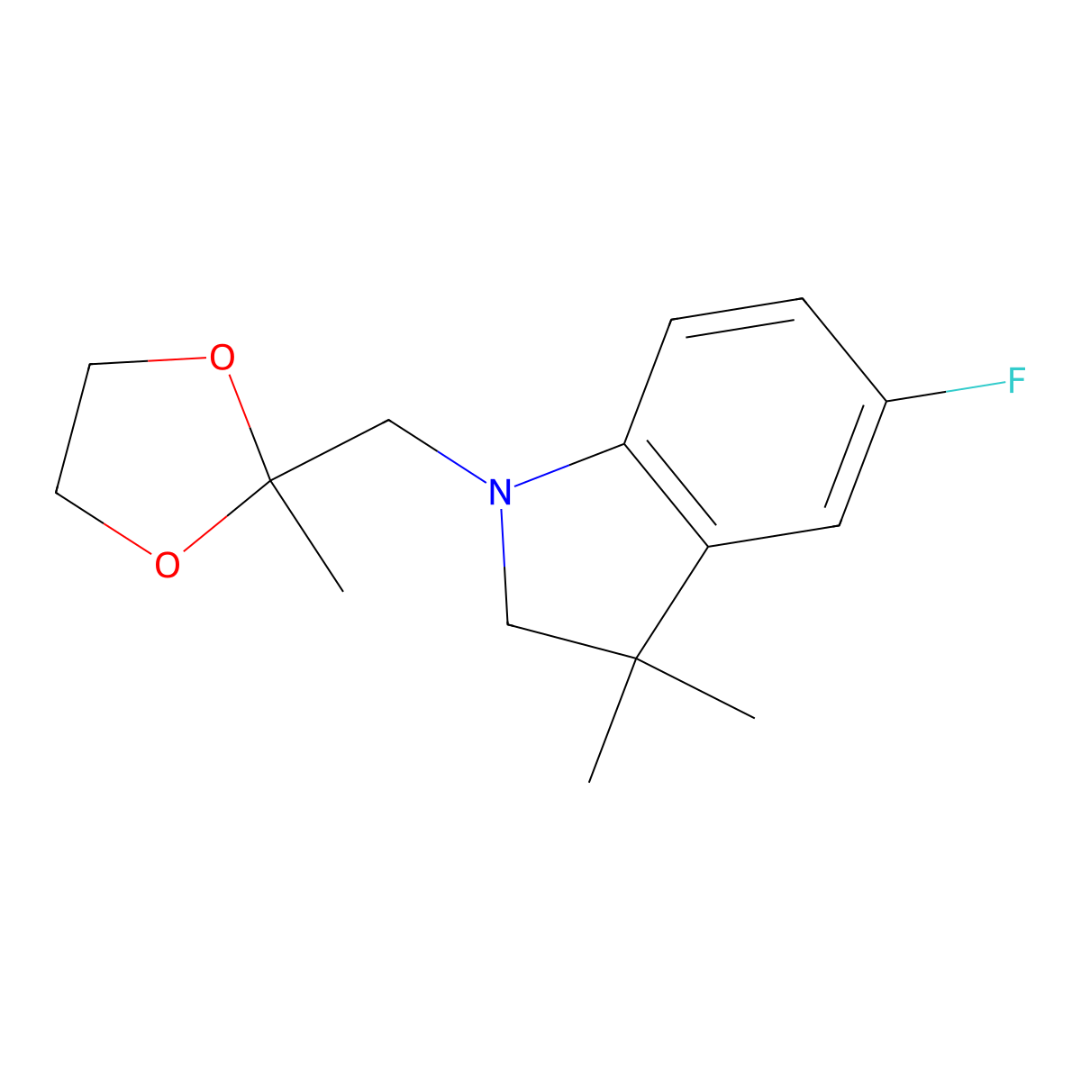 5-Fluoro-3,3-dimethyl-1-((2-methyl-1,3-dioxolan-2-yl)methyl)indoline molecular structure, CAS 1956328-41-8
