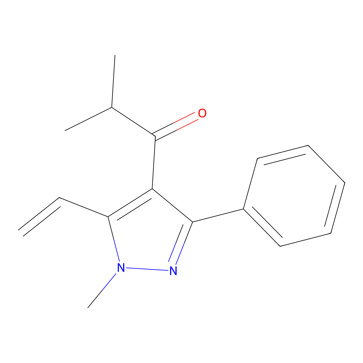 2-Methyl-1-(1-methyl-3-phenyl-5-vinyl-1H-pyrazol-4-yl)propan-1-one molecular structure, CAS 1956331-29-5