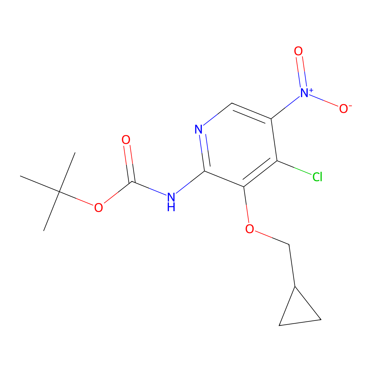 tert-Butyl (4-chloro-3-(cyclopropylmethoxy)-5-nitropyridin-2-yl)carbamate molecular structure, CAS 1956332-38-9