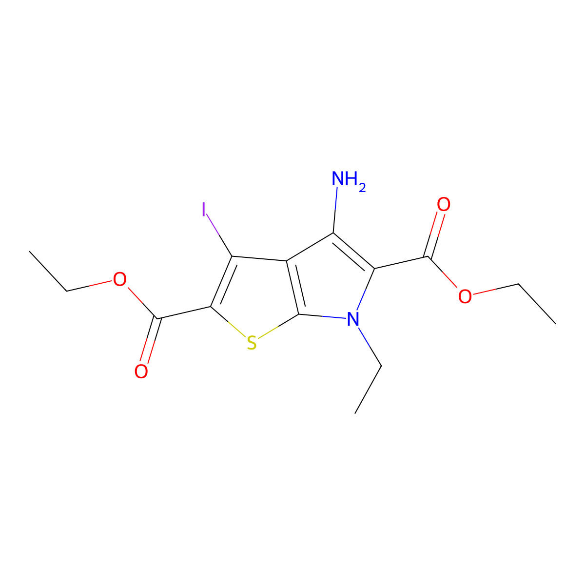 Diethyl 4-amino-6-ethyl-3-iodo-6H-thieno[2,3-b]pyrrole-2,5-dicarboxylate molecular structure, CAS 1956335-63-9