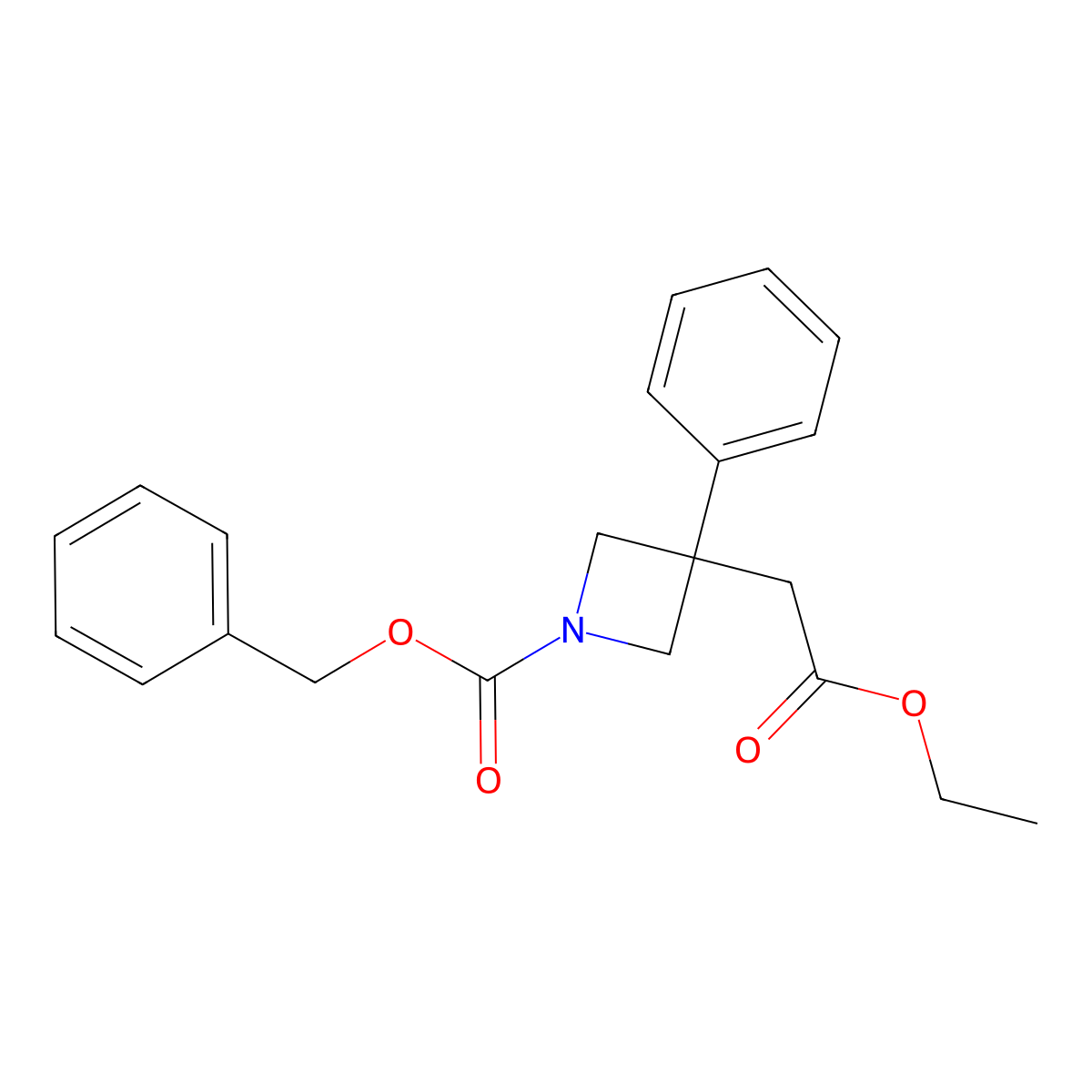 Benzyl 3-(2-ethoxy-2-oxoethyl)-3-phenylazetidine-1-carboxylate molecular structure, CAS 1956340-77-4
