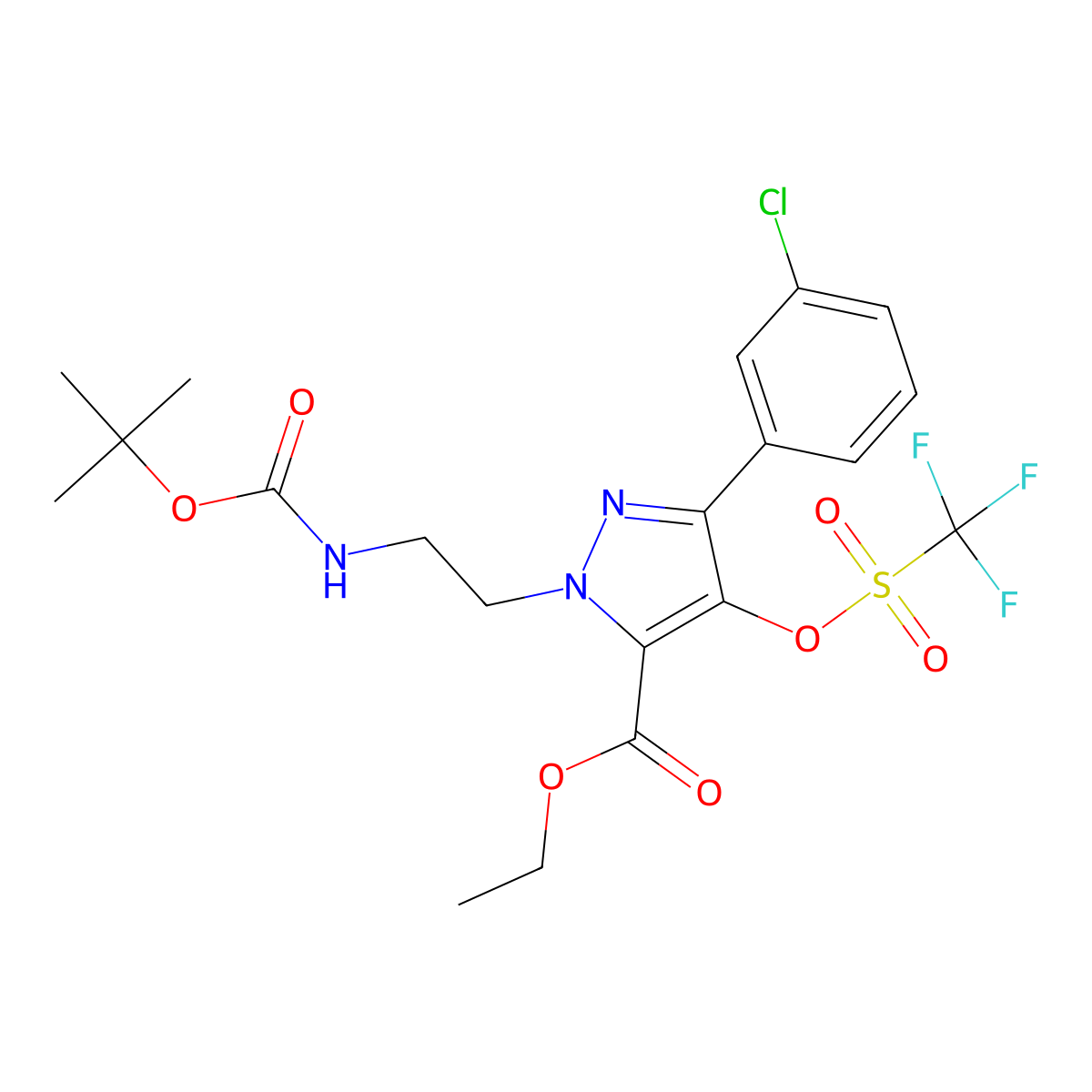 Ethyl 1-(2-((tert-butoxycarbonyl)amino)ethyl)-3-(3-chlorophenyl)-4-(((trifluoromethyl)sulfonyl)oxy)-1H-pyrazole-5-carboxylate molecular structure, CAS 1956354-90-7