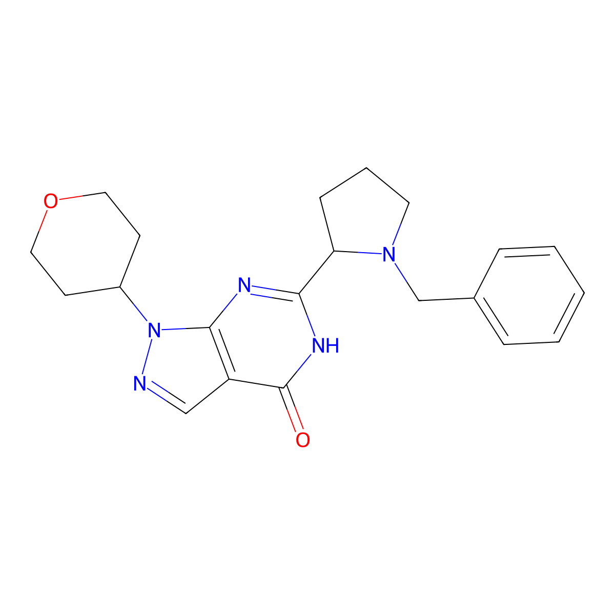 6-(1-Benzylpyrrolidin-2-yl)-1-(tetrahydro-2H-pyran-4-yl)-1H-pyrazolo[3,4-d]pyrimidin-4(5H)-one molecular structure, CAS 1956354-91-8