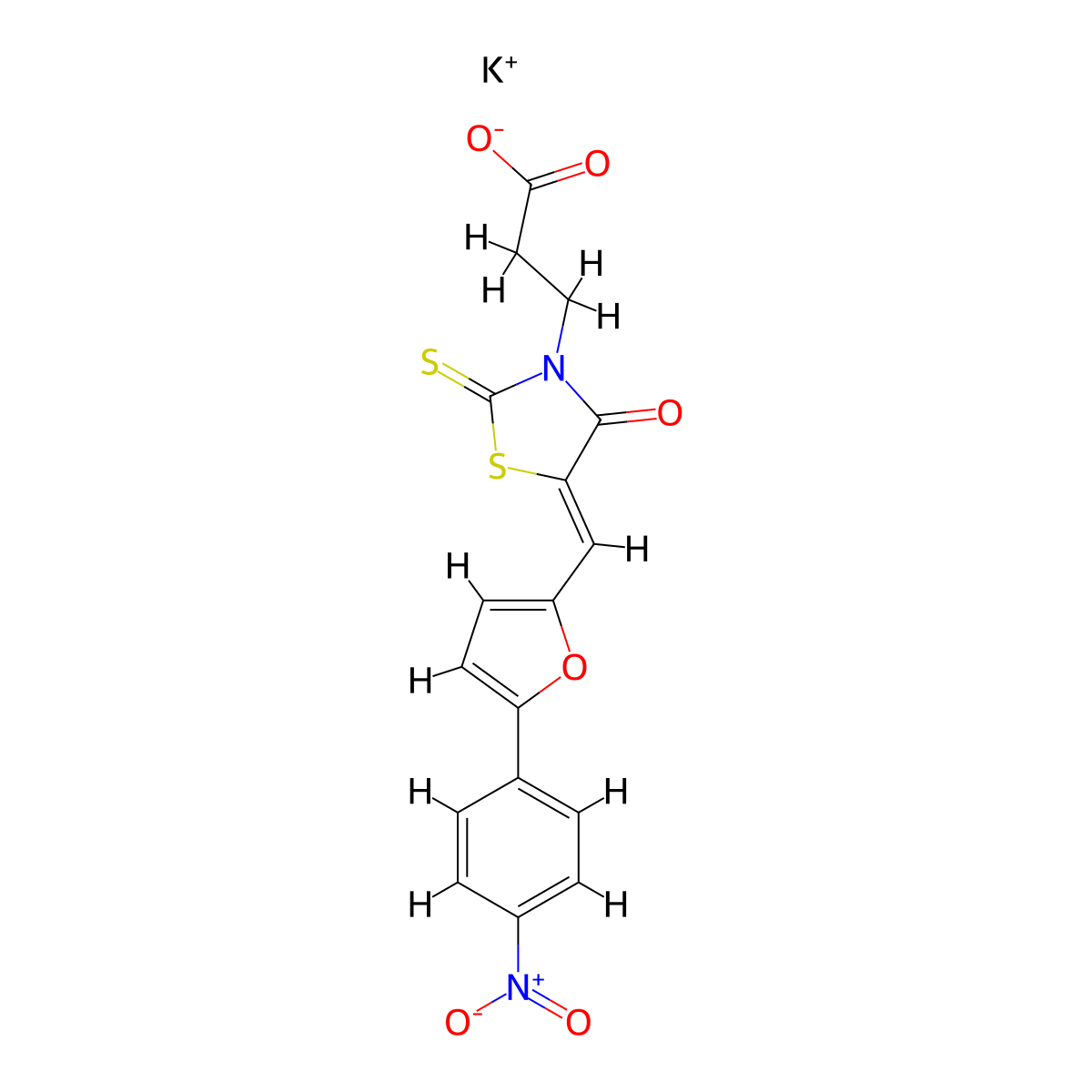(5Z)-5-((5-(4-Nitrophenyl)-2-furanyl)methylene)-4-oxo-2-thioxo-3-thiazolidinepropanoic acid potassium salt molecular structure, CAS 1956356-56-1