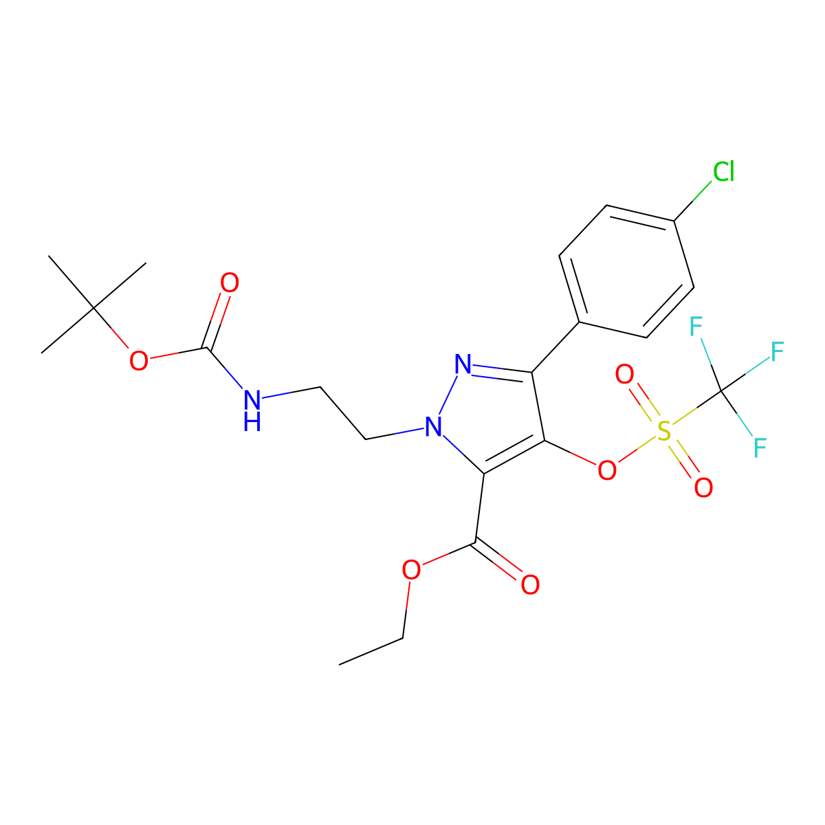 Ethyl 1-(2-((tert-butoxycarbonyl)amino)ethyl)-3-(4-chlorophenyl)-4-(((trifluoromethyl)sulfonyl)oxy)-1H-pyrazole-5-carboxylate molecular structure, CAS 1956364-75-2