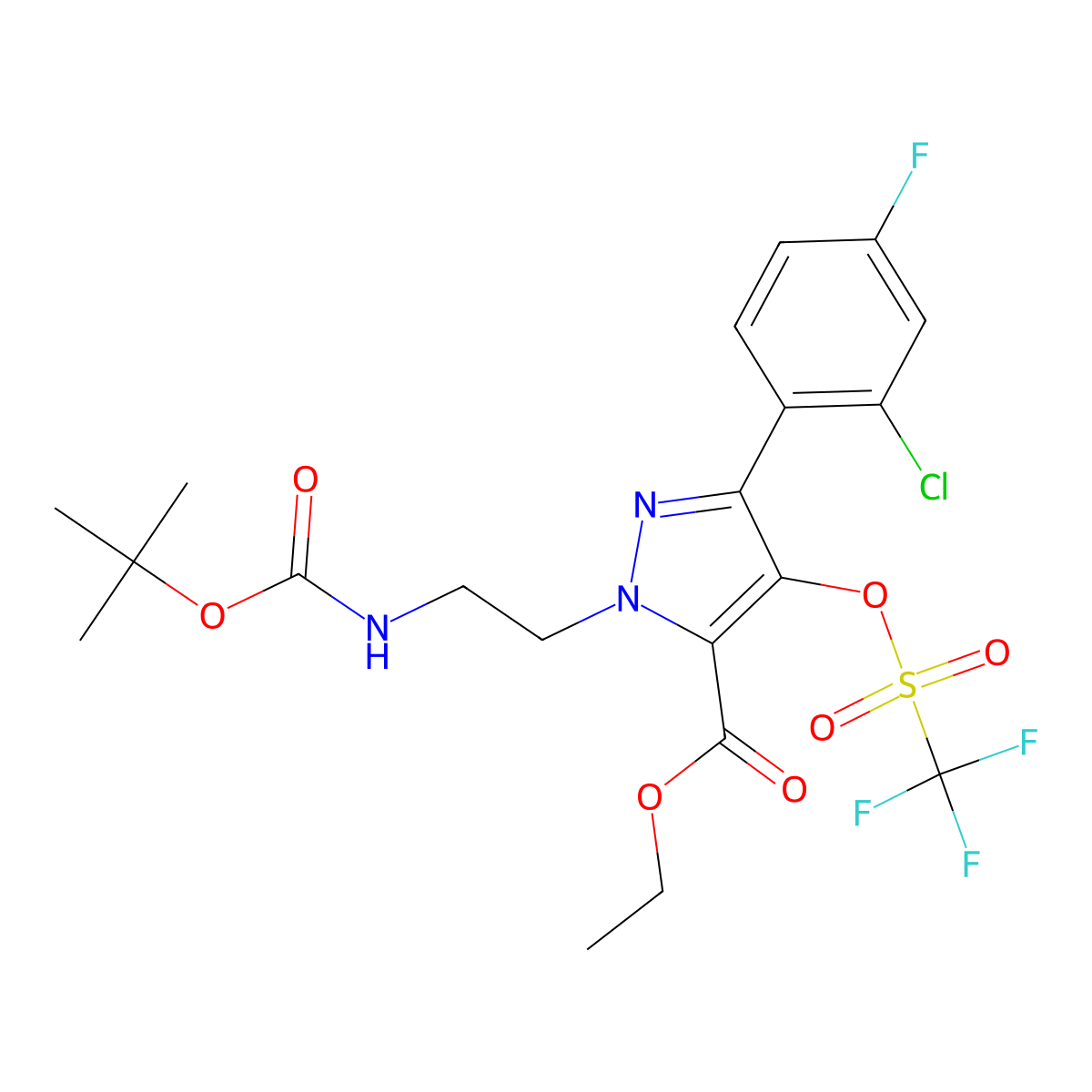 Ethyl 1-(2-((tert-butoxycarbonyl)amino)ethyl)-3-(2-chloro-4-fluorophenyl)-4-(((trifluoromethyl)sulfonyl)oxy)-1H-pyrazole-5-carboxylate molecular structure, CAS 1956366-08-7