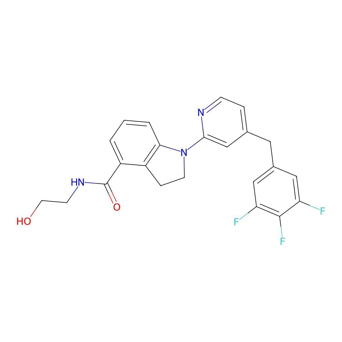 N-(2-Hydroxyethyl)-1-(4-(3,4,5-trifluorobenzyl)pyridin-2-yl)indoline-4-carboxamide molecular structure, CAS 1956366-29-2