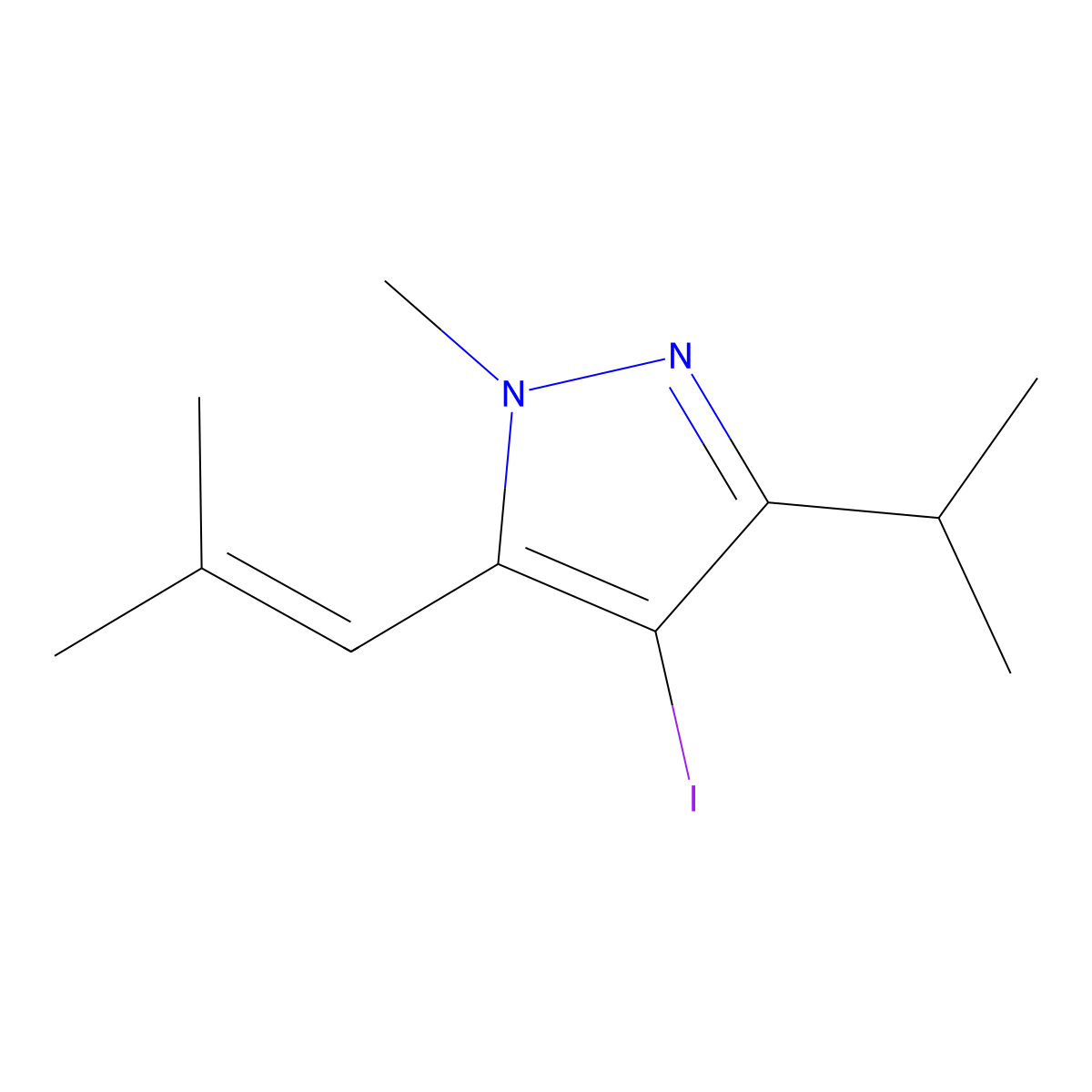 4-Iodo-3-isopropyl-1-methyl-5-(2-methylprop-1-en-1-yl)-1H-pyrazole molecular structure, CAS 1956379-55-7