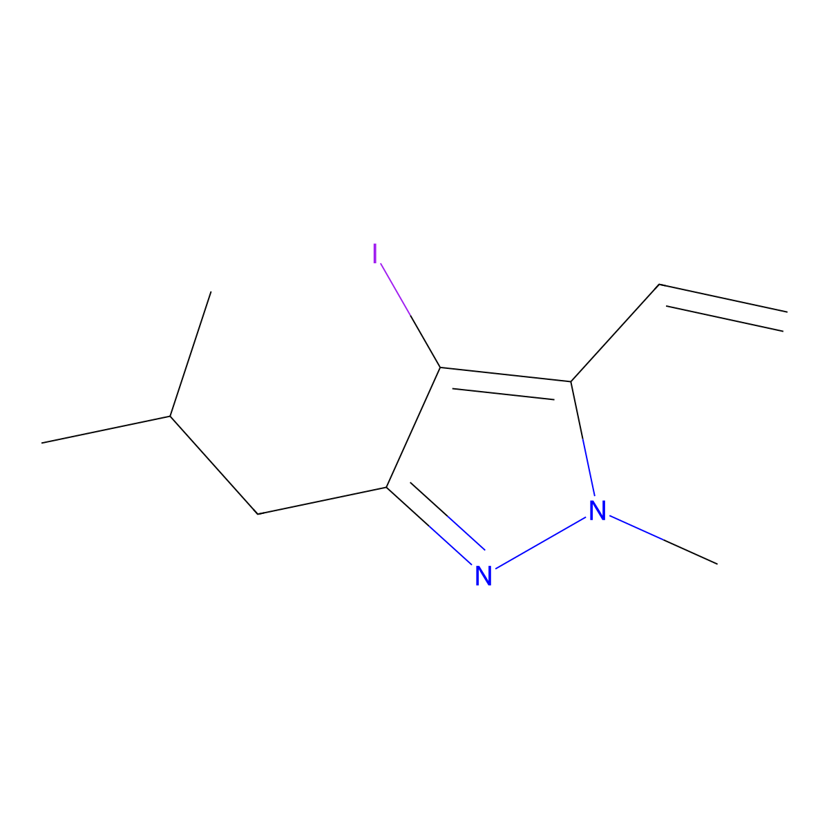 4-Iodo-3-isobutyl-1-methyl-5-vinyl-1H-pyrazole molecular structure, CAS 1956379-90-0