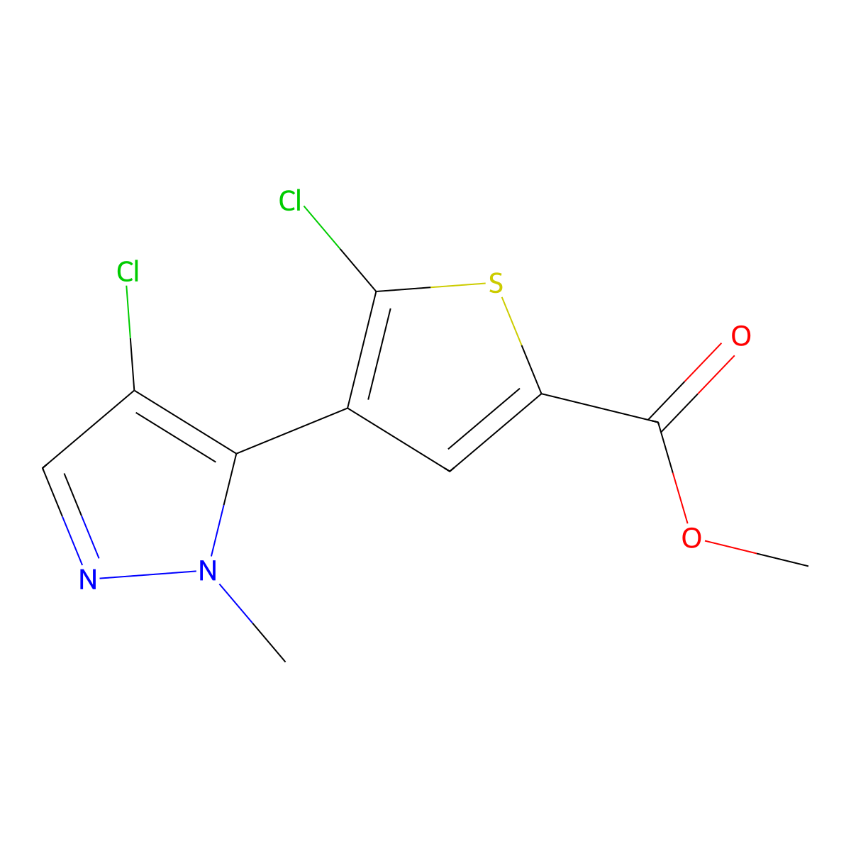 Methyl 5-chloro-4-(4-chloro-1-methyl-1H-pyrazol-5-yl)thiophene-2-carboxylate molecular structure, CAS 1956380-44-1
