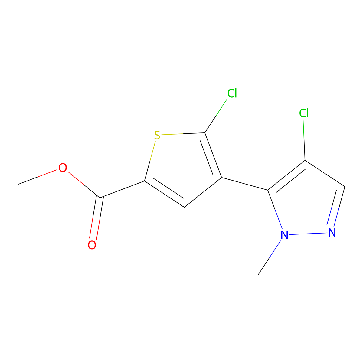 Methyl 5-chloro-4-(4-chloro-1-methyl-1H-pyrazol-5-yl)thiophene-2-carboxylate molecular structure, CAS 1956380-44-1