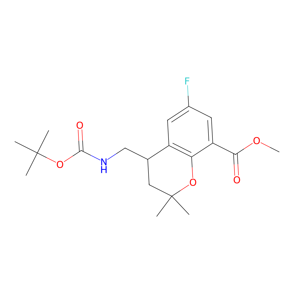 Methyl 4-(((tert-butoxycarbonyl)amino)methyl)-6-fluoro-2,2-dimethylchroman-8-carboxylate molecular structure, CAS 1956380-93-0