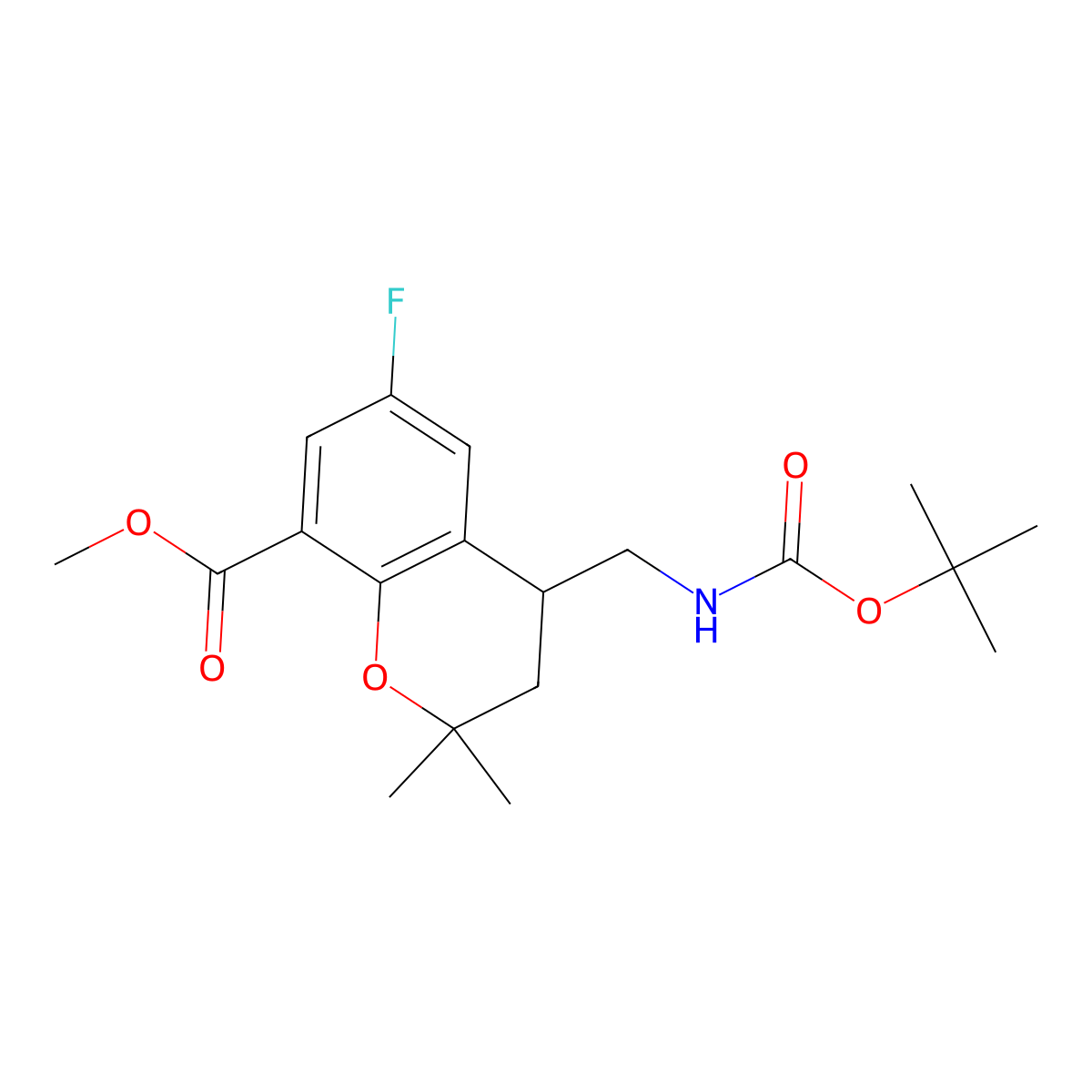 Methyl 4-(((tert-butoxycarbonyl)amino)methyl)-6-fluoro-2,2-dimethylchroman-8-carboxylate molecular structure, CAS 1956380-93-0