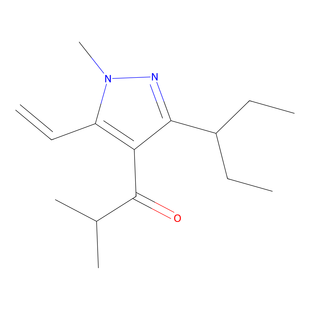 2-Methyl-1-(1-methyl-3-(pentan-3-yl)-5-vinyl-1H-pyrazol-4-yl)propan-1-one molecular structure, CAS 1956382-15-2