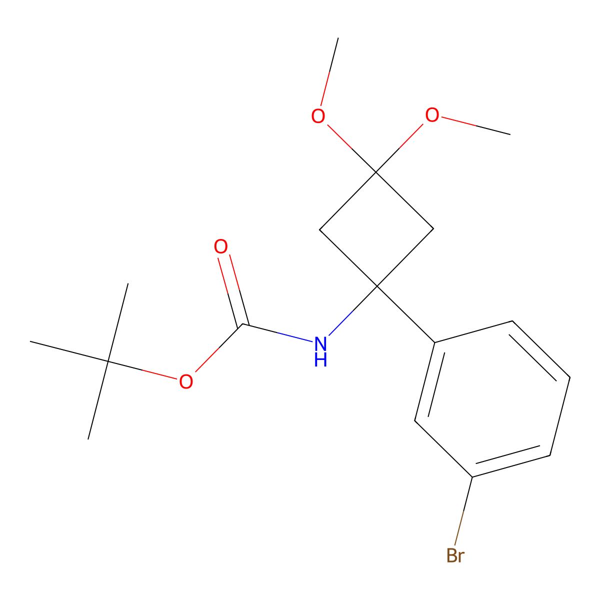 tert-Butyl (1-(3-bromophenyl)-3,3-dimethoxycyclobutyl)carbamate molecular structure, CAS 1956382-49-2