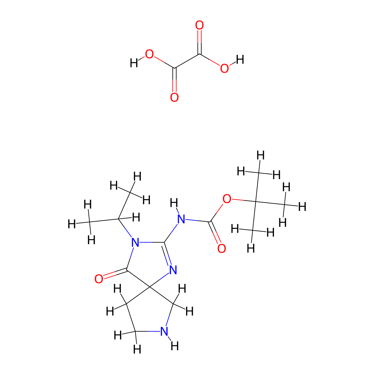 (E)-tert-Butyl (3-isopropyl-4-oxo-1,3,7-triazaspiro[4.4]nonan-2-ylidene)carbamate oxalate molecular structure, CAS 1956426-55-3