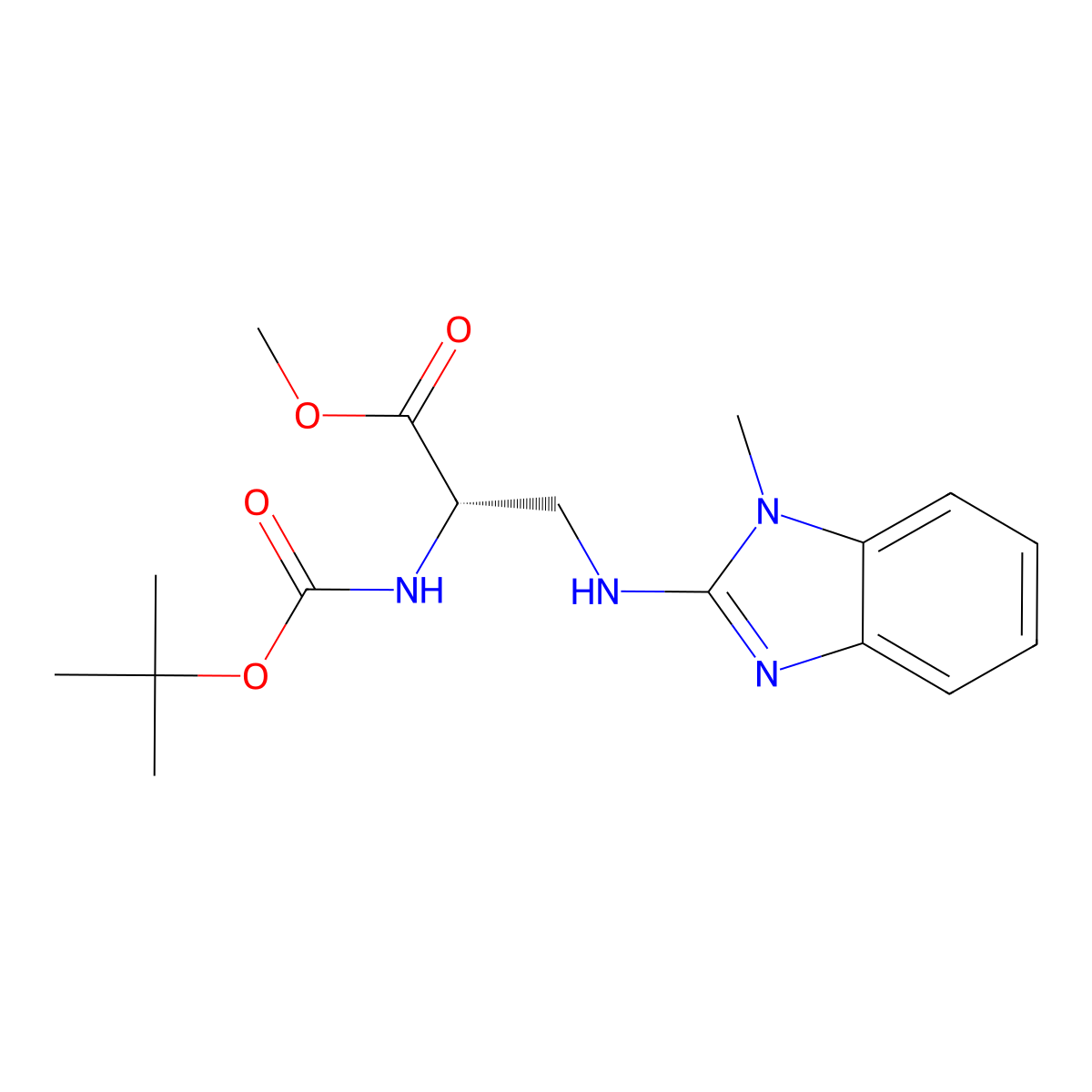 (S)-Methyl 2-((tert-butoxycarbonyl)amino)-3-((1-methyl-1H-benzo[d]imidazol-2-yl)amino)propanoate molecular structure, CAS 1956436-26-2
