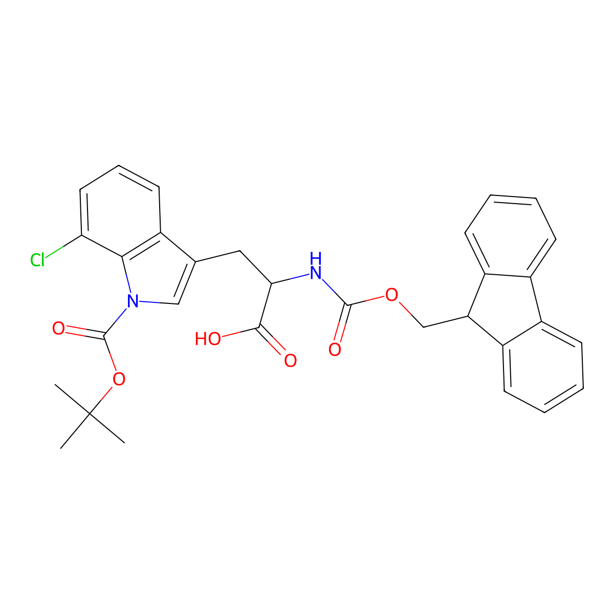 (S)-2-((((9H-Fluoren-9-yl)methoxy)carbonyl)amino)-3-(1-(tert-butoxycarbonyl)-7-chloro-1H-indol-3-yl)propanoic acid molecular structure, CAS 1956436-89-7