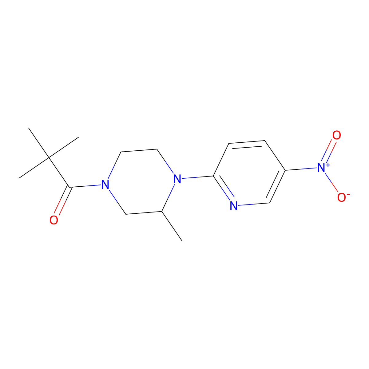 (R)-2,2-Dimethyl-1-(3-methyl-4-(5-nitropyridin-2-yl)piperazin-1-yl)propan-1-one molecular structure, CAS 1956437-90-3