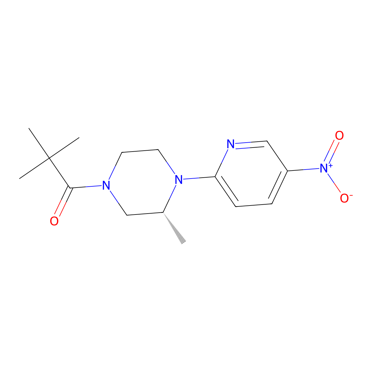 (R)-2,2-Dimethyl-1-(3-methyl-4-(5-nitropyridin-2-yl)piperazin-1-yl)propan-1-one molecular structure, CAS 1956437-90-3