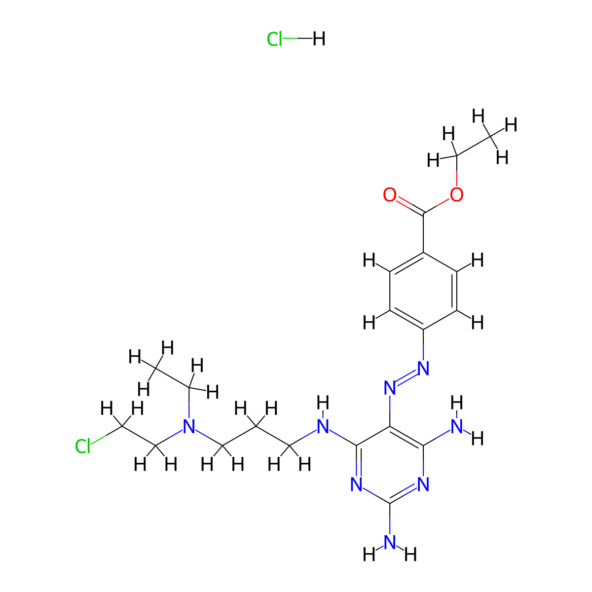 Benzoic acid, p-((2,4-diamino-6-((3-((2-chloroethyl)ethylamino)propyl)amino)-5-pyrimidinyl)azo)-, ethyl ester, hydrochloride, hydrate (2:2:3) molecular structure, CAS 19565-14-1