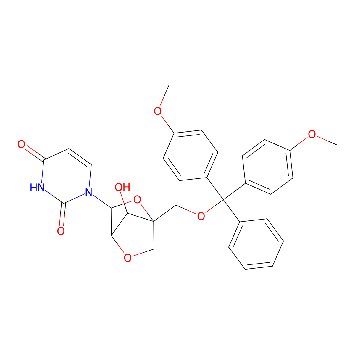 1-((1R,3R,4R,7S)-1-((Bis(4-methoxyphenyl)(phenyl)methoxy)methyl)-7-hydroxy-2,5-dioxabicyclo[2.2.1]heptan-3-yl)pyrimidine-2,4(1H,3H)-dione molecular structure, CAS 195705-32-9