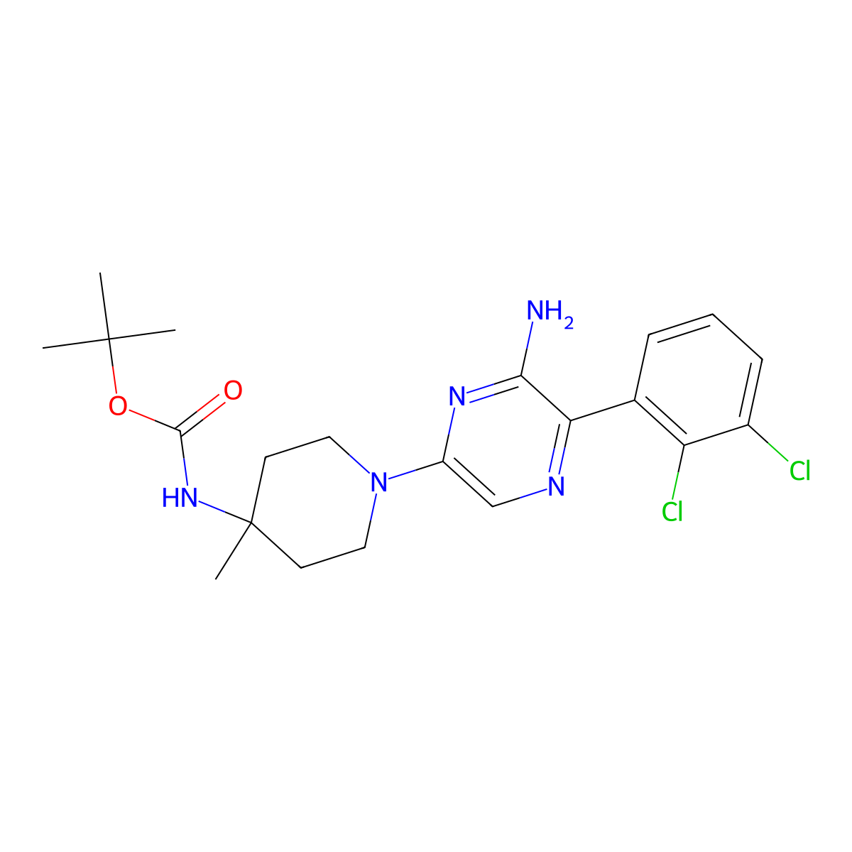 Tert-butyl (1-(6-amino-5-(2,3-dichlorophenyl)pyrazin-2-yl)-4-methylpiperidin-4-yl)carbamate molecular structure, CAS 1957192-80-1