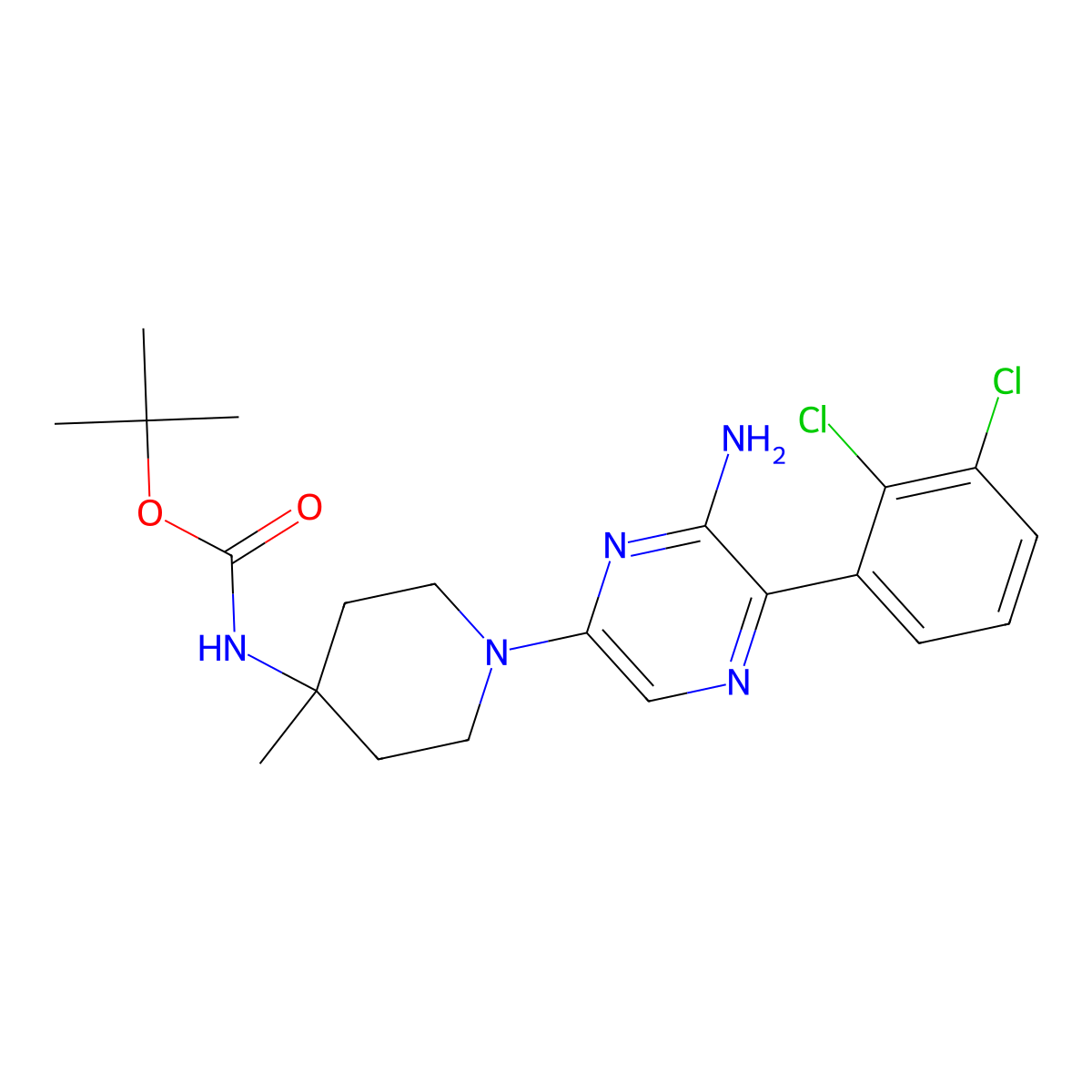 Tert-butyl (1-(6-amino-5-(2,3-dichlorophenyl)pyrazin-2-yl)-4-methylpiperidin-4-yl)carbamate molecular structure, CAS 1957192-80-1