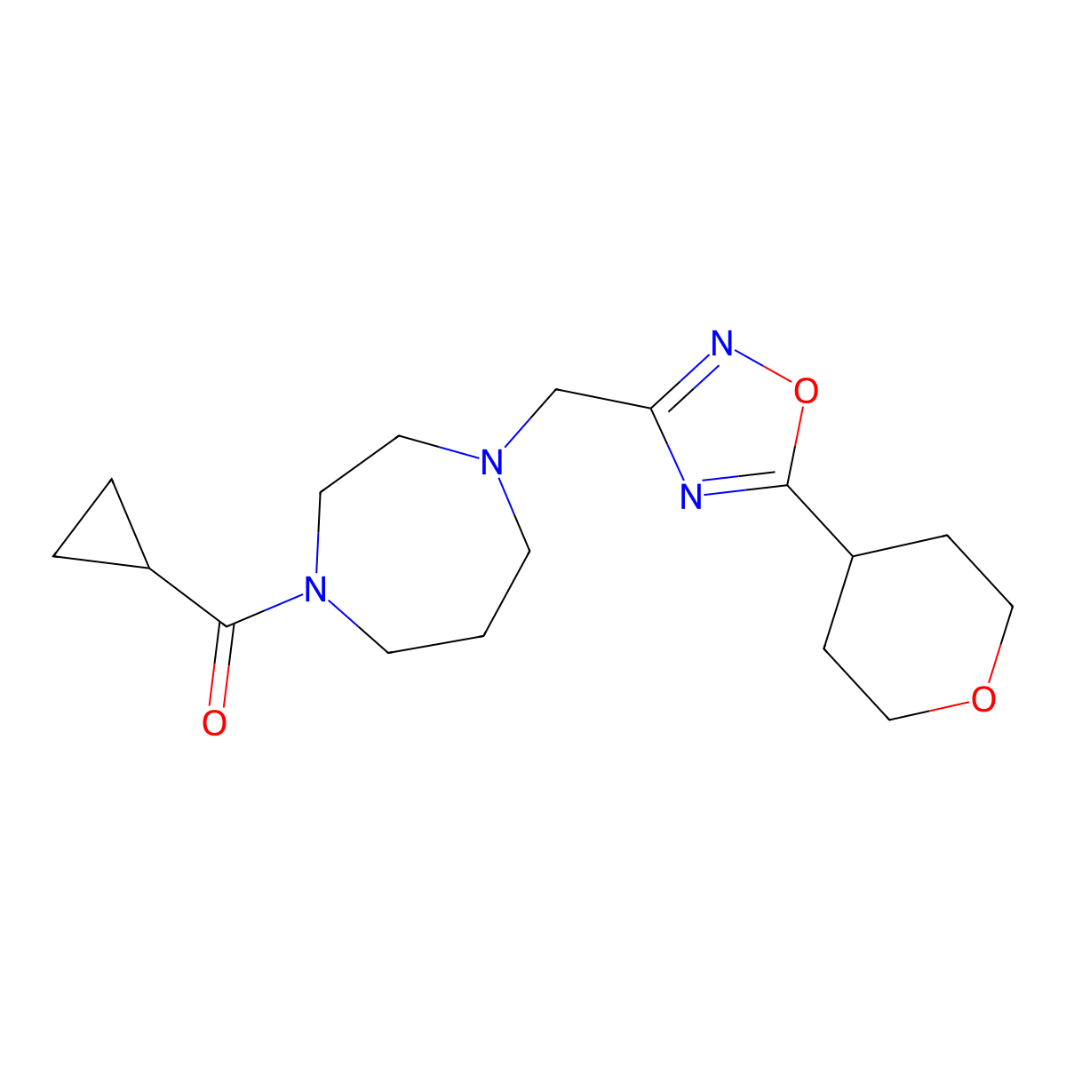 1-Cyclopropanecarbonyl-4-{[5-(oxan-4-yl)-1,2,4-oxadiazol-3-yl]methyl}-1,4-diazepane molecular structure, CAS 1957344-07-8