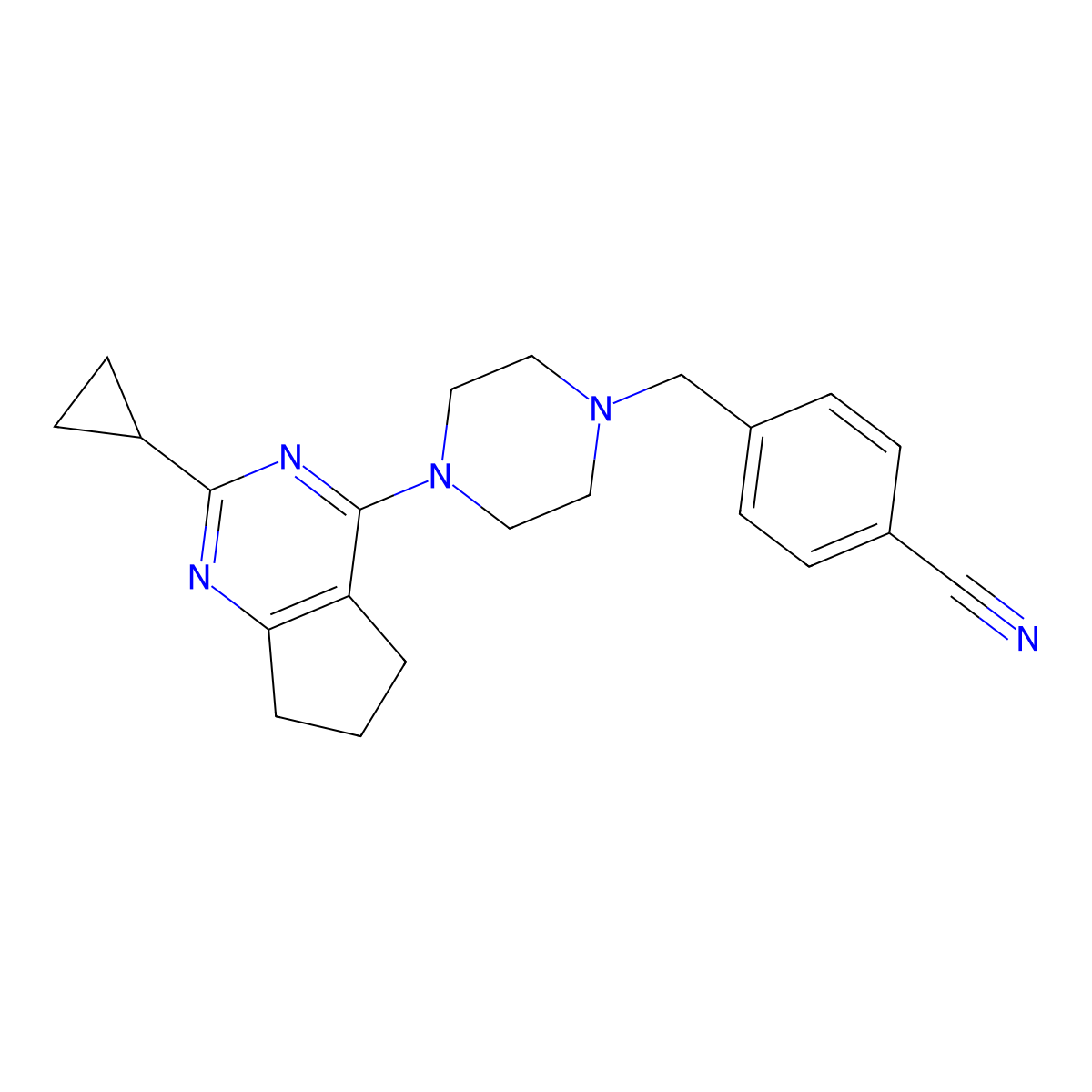 4-[(4-{2-cyclopropyl-5H,6H,7H-cyclopenta[d]pyrimidin-4-yl}piperazin-1-yl)methyl]benzonitrile molecular structure, CAS 1957648-00-8