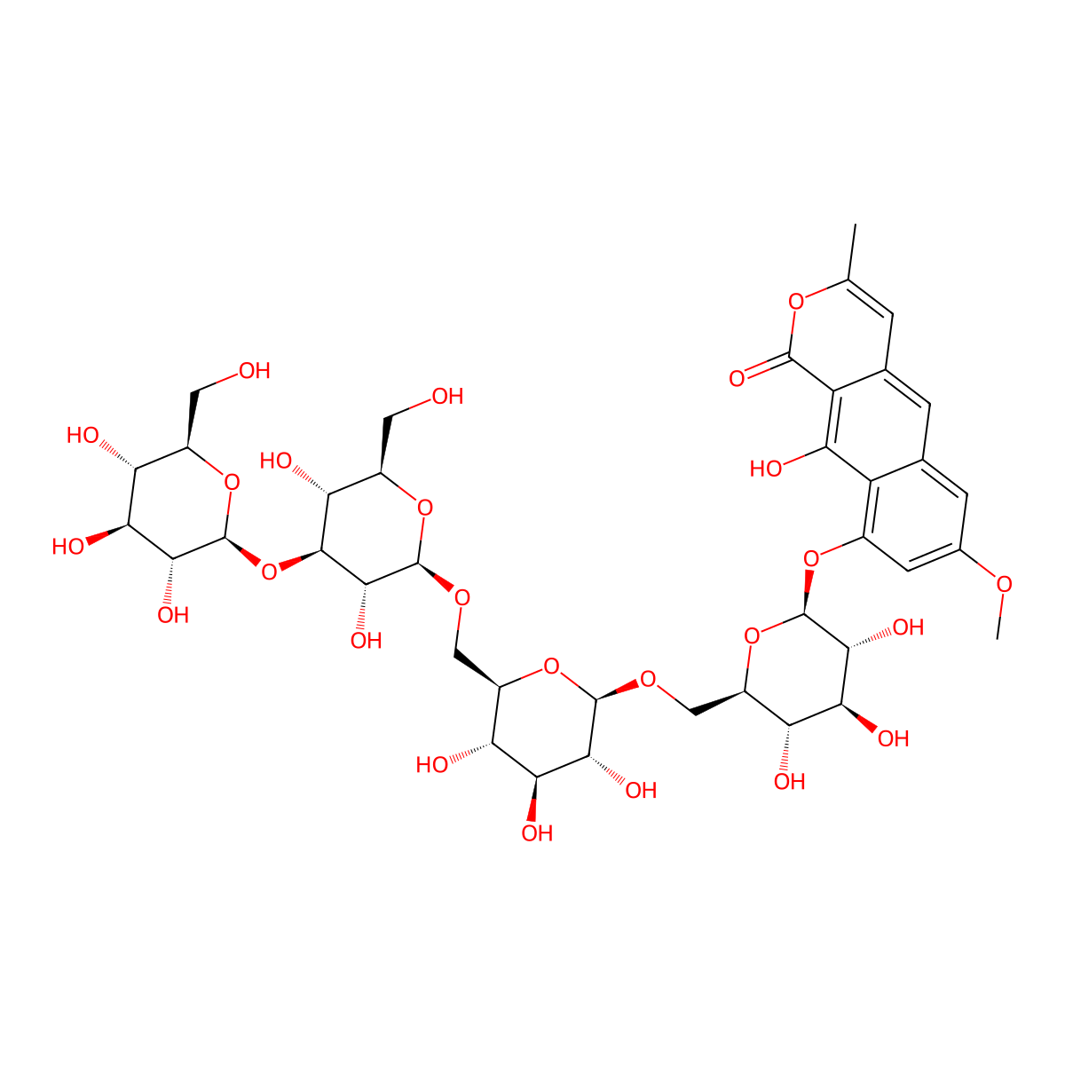 9-[(2S,3R,4S,5S,6R)-6-[[(2R,3R,4S,5S,6R)-6-[[(2R,3R,4S,5R,6R)-3,5-dihydroxy-6-(hydroxymethyl)-4-[(2S,3R,4S,5S,6R)-3,4,5-trihydroxy-6-(hydroxymethyl)oxan-2-yl]oxyoxan-2-yl]oxymethyl]-3,4,5-trihydroxyoxan-2-yl]oxymethyl]-3,4,5-trihydroxyoxan-2-yl]oxy-10-hydroxy-7-methoxy-3-methylbenzo[g]isochromen-1-one molecular structure, CAS 1958039-40-1