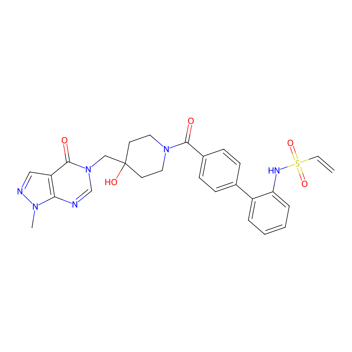 N-[2-[4-[4-hydroxy-4-[(1-methyl-4-oxopyrazolo[3,4-d]pyrimidin-5-yl)methyl]piperidine-1-carbonyl]phenyl]phenyl]ethenesulfonamide molecular structure, CAS 1959537-86-0