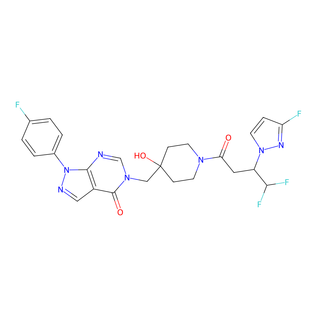(R)-5-((1-(4,4-Difluoro-3-(3-fluoro-1H-pyrazol-1-yl)butanoyl)-4-hydroxypiperidin-4-yl)methyl)-1-(4-fluorophenyl)-1,5-dihydro-4H-pyrazolo[3,4-d]pyrimidin-4-one molecular structure, CAS 1959551-27-9